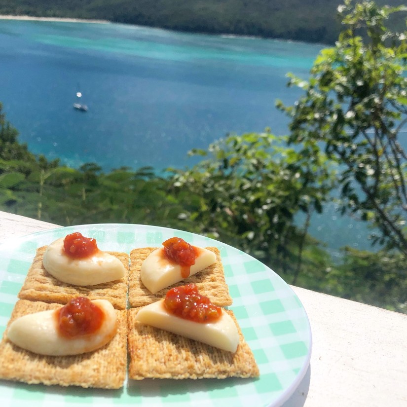 snack of whole wheat crackers with cheese and salsa